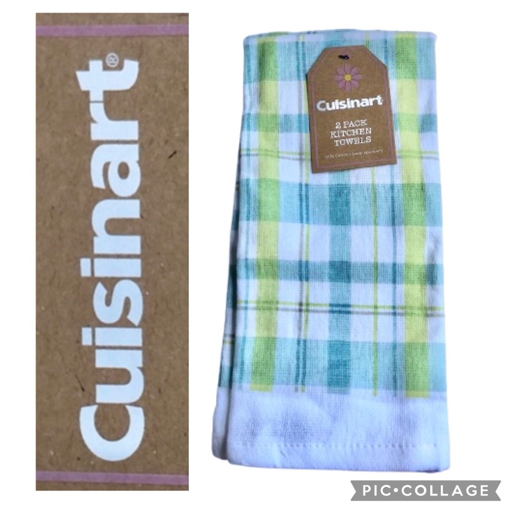 NEW CUISINART Kitchen Towels SET OF 2 Towels Green Blue White Plaid